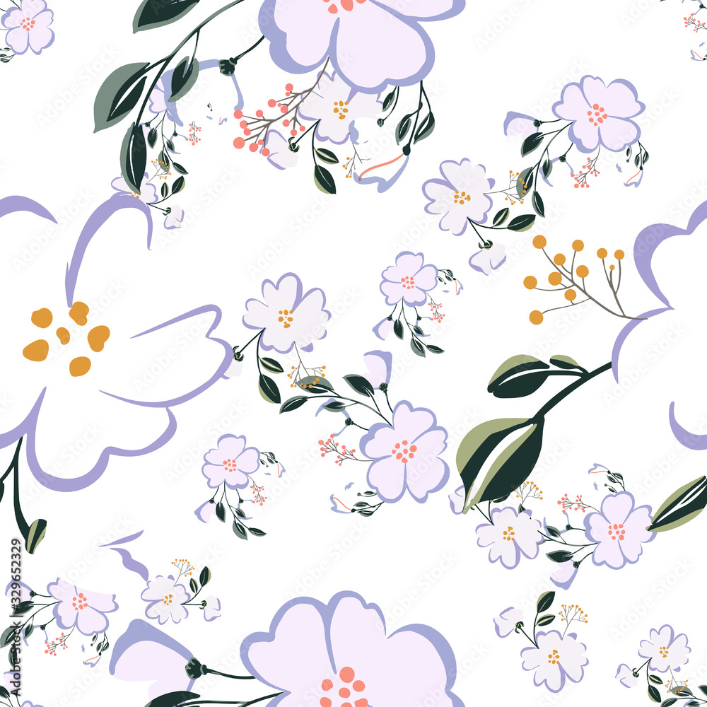 Seamless pattern with colorful hand drawn flowers. Original textile, wrapping paper, wall art surface design. Vector illustration. Floral simple minimalistic graphic design