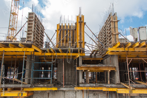 Concrete formwork for the construction of a reinforced concrete building frame. Modern building construction