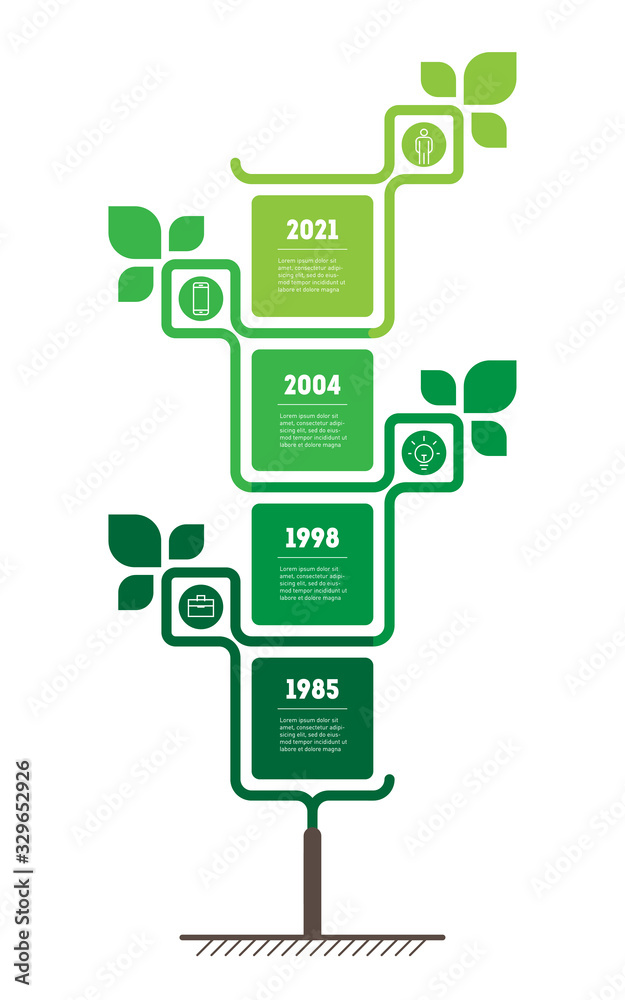 Vertical Timeline or infographics in the form of a tree. Development and growth of the eco business. Time line of scientific research with 4 options. Green Business concept with four parts, steps. Vertical Timeline or infographics in the form of a tree. Development and growth of the eco business. Time line of scientific research with 4 options. Green Business concept with four parts, steps.