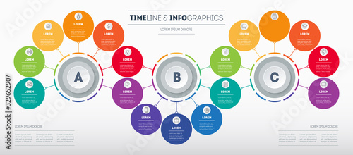 Infographic consisting of 3 segments and 17 parts. Business presentation with options. Brochure design template. Diagram of technology or education process with seventeen steps. Vector. photo