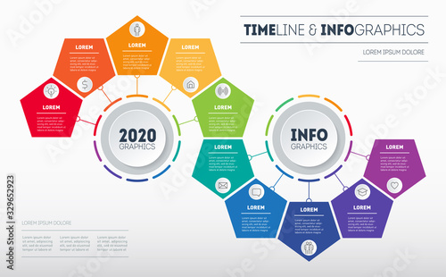 Infographic consisting of 10 parts divided into 2 segments of 5 parts. Business presentation concept with options. Brochure design template. Diagram of technology or education process with steps.