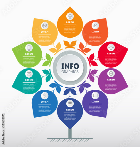 Business presentation or infographics concept with 10 options. The chart in the shape of a flower. Info graphic of technology or education process with ten steps.