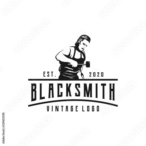 Retro Vintage logo for old forge. Blacksmith with hammer badge, forge and sledgehammer