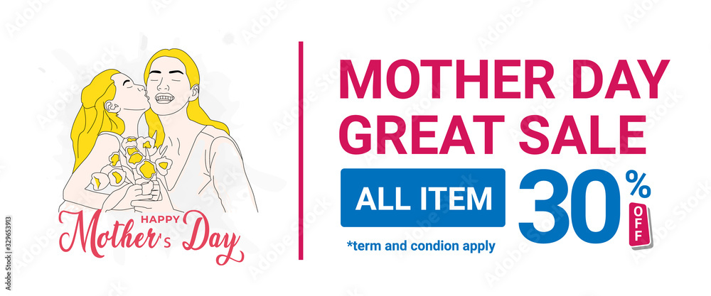Mother day sale banner with illustration line art mom and girl Mother day sale banner with illustration line art mom and girl
