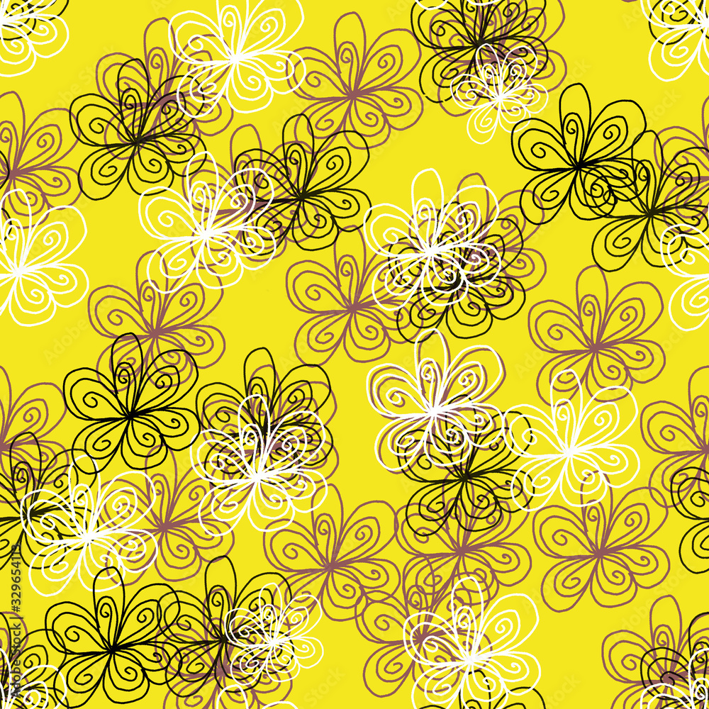 Seamless repeat pattern with hand drawn white, black, beige flowers on yellow background.Great for wedding decor, wrapping paper, background, fabric print, web page backdrop, wallpaper