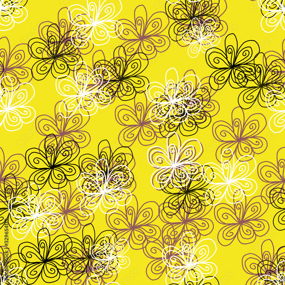Fototapeta premium Seamless repeat pattern with hand drawn white, black, beige flowers on yellow background.Great for wedding decor, wrapping paper, background, fabric print, web page backdrop, wallpaper