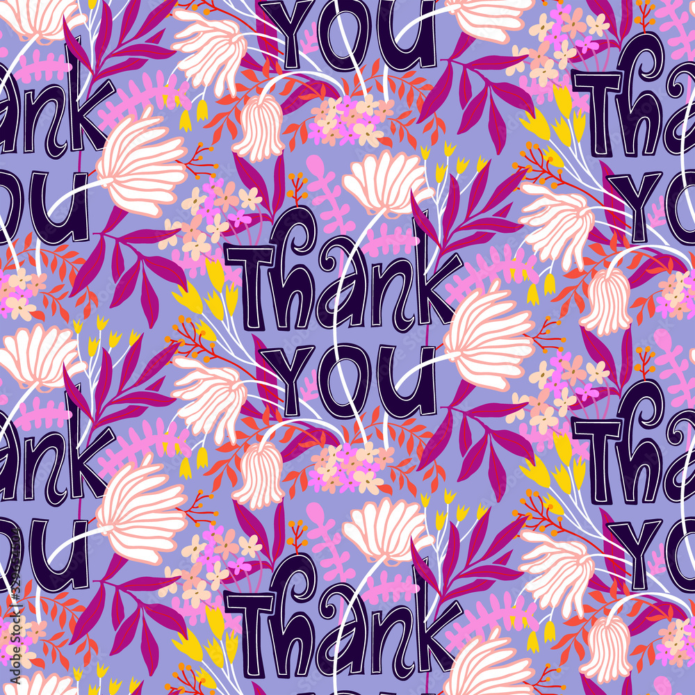 Obraz premium Vector seamless pattern with flowers and thank you