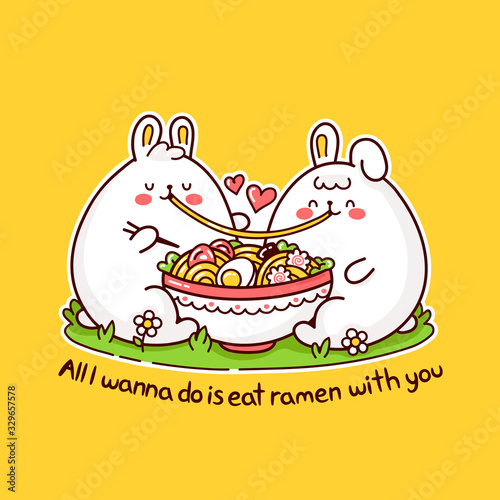 Cute happy funny rabbits couple eat ramen