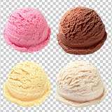 strawberry, chocolate and vanilla ice cream scoops or balls on isolated background including clipping path.