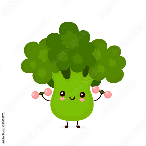 Cute happy broccoli vegetable with dumbells