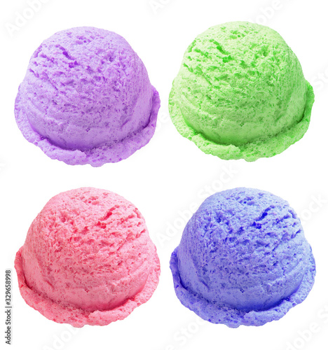 strawberry, chocolate and vanilla ice cream scoops or balls isolated on white background including clipping path.