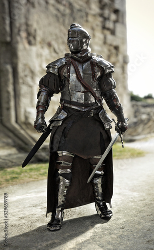 Brave medieval knight standing guard in a full suit of armor and holding a sword in defense of his castle. 3d rendering