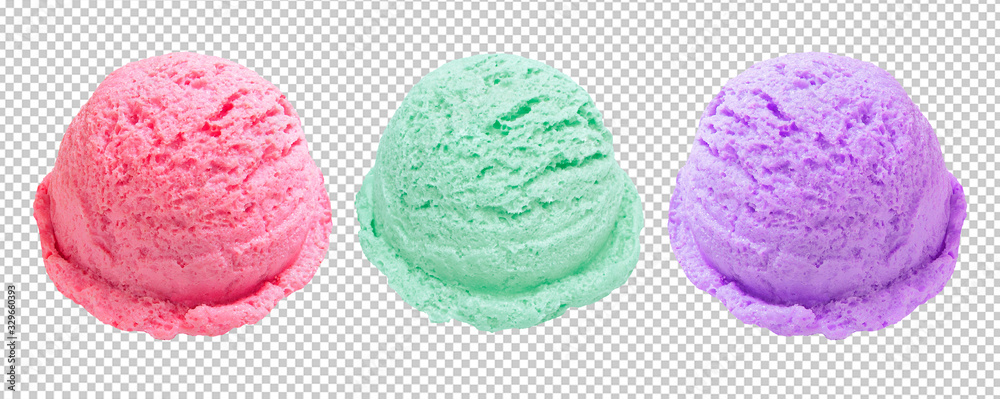 strawberry, blueberry and mint ice cream scoops or balls on isolated background including clipping path. - obrazy, fototapety, plakaty 