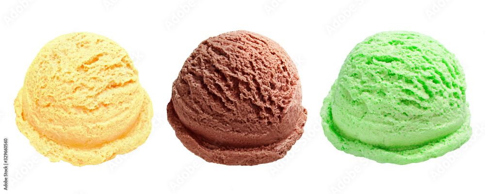 chocolate, vanilla and mint ice cream scoops or balls on white background chocolate, vanilla and mint ice cream scoops or balls on white background