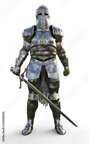 Powerful medieval knight standing with a full suit of armor and holding a sword weapon on a white background. 3d rendering