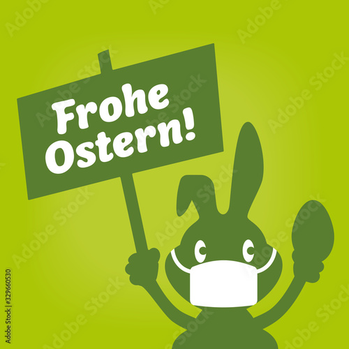 Grafik Osterhase mit Schild Frohe Ostern und Mundschutz
