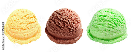 chocolate, vanilla and mint ice cream scoops or balls on white background