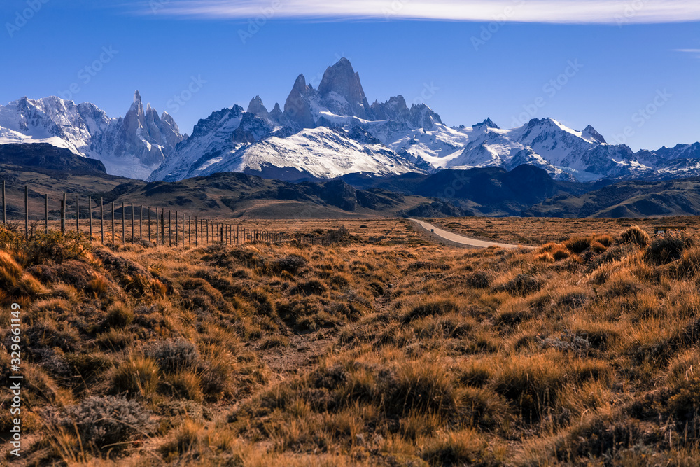 Beautiful Alpine peak with Mount Fitz Roy, Cerro Chalten viewed from Road to El Chalten. Beautiful Alpine peak with Mount Fitz Roy, Cerro Chalten viewed from Road to El Chalten.