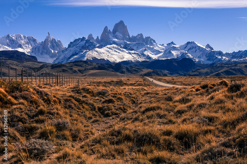 Beautiful Alpine peak with Mount Fitz Roy, Cerro Chalten viewed from Road to El Chalten.  photo