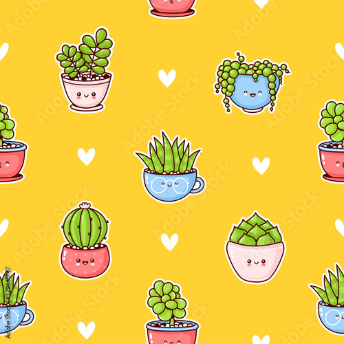 Cute happy succulents plants seamless pattern