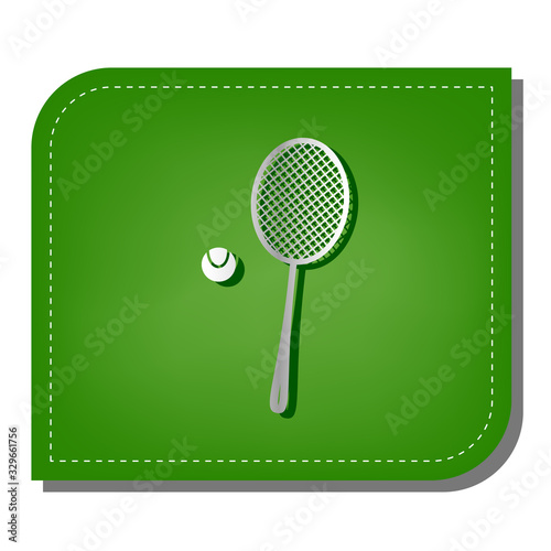Tennis racquet with ball sign. Silver gradient line icon with dark green shadow at ecological patched green leaf. Illustration.