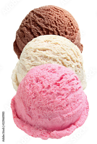 Vanilla, strawberry, chocolate, yellow ice cream scoops from top view isolated on white background