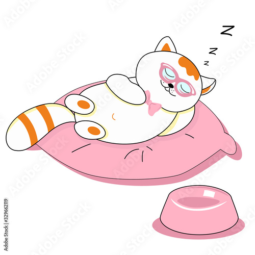 Vector drawing of a sleeping kitten on a big pillow on a white isolated background. Fluffy tail, paws. Style is flat, sticker, print on fabric.