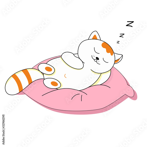 Vector drawing of a sleeping kitten on a big pillow on a white isolated background. Fluffy tail, paws. Style is flat, sticker, print on fabric.