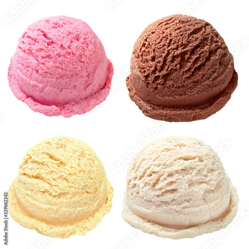 Fotografi Vanilla, strawberry, chocolate, yellow ice cream scoops from top view isolated o