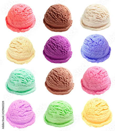 Vanilla, strawberry, chocolate, yellow ice cream scoops from top view isolated on white background