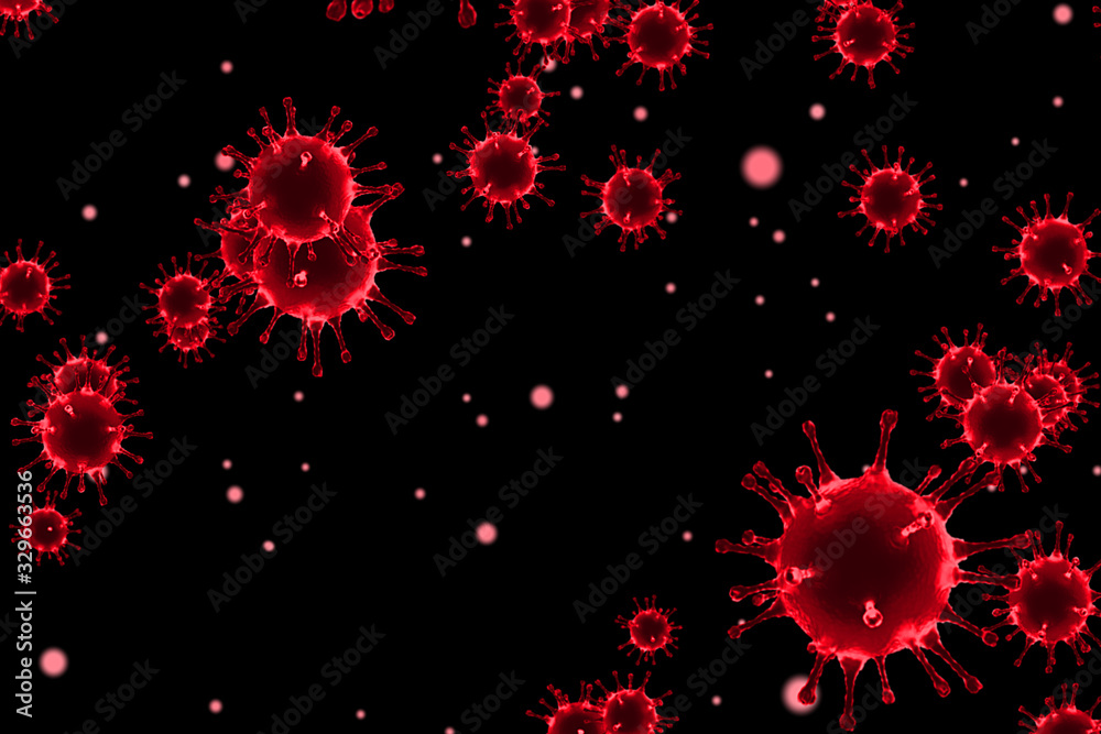 3D rendering red coronavirus cells covid-19 influenza flowing on dark gradient background as dangerous flu strain cases as a pandemic medical health risk concept of disease risk