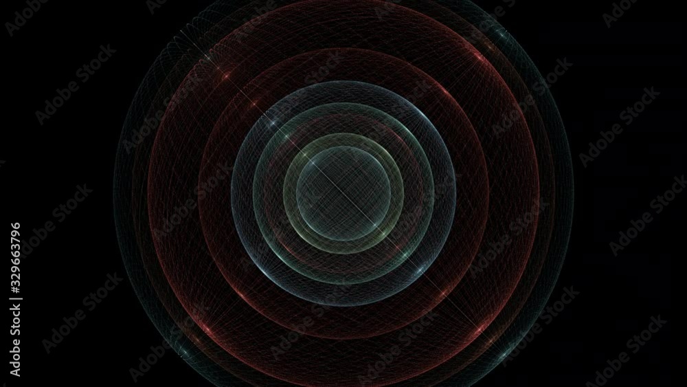 Slowly evolving concentric orbital globes on black background