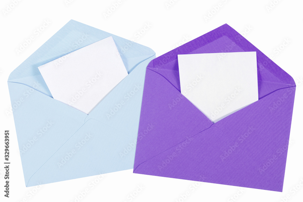 blue and purple open envelope with paper Isolated blue and purple open envelope with paper Isolated