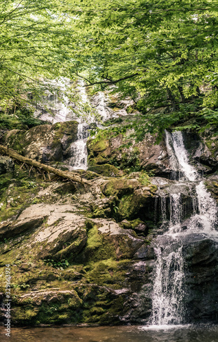 Panorama view of small waterfall situated in nature, water faling over rock
