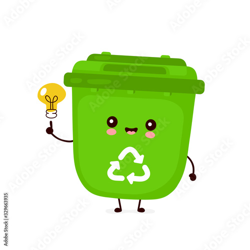 Cute happy smiling trash bin with light bulb