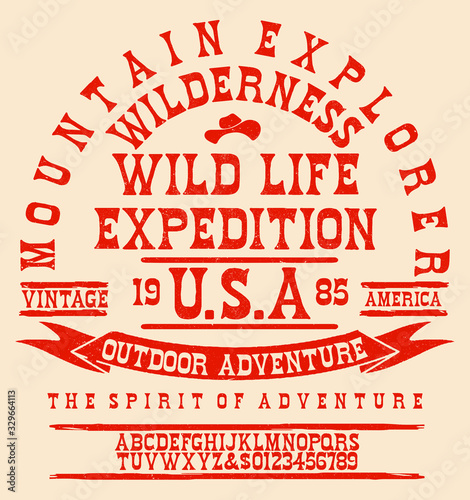 Mountain illustration  outdoor adventure . Vector graphic for t shirt and other uses. Handmade Vintage Font for labels