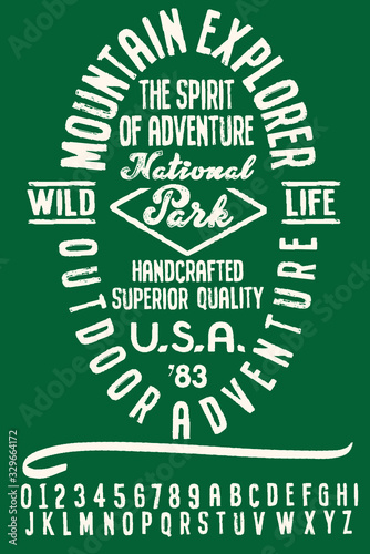Mountain illustration, outdoor adventure . Vector graphic for t shirt and other uses. Handmade Vintage Font for labels