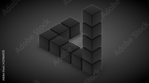 3D rendering of an impossible triangle of black cubes on a black surface. Abstract image for background  screen saver. One cube is missing. The idea of an unsolved riddle.