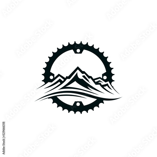 emblem of mountain bike and gear isolated on white background