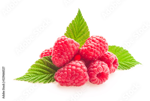 Ripe red raspberry c green leaf isolated on white background