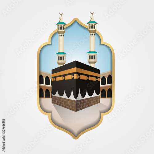 hajj celebration with mecca mosque decoration scene vector illustration design photo