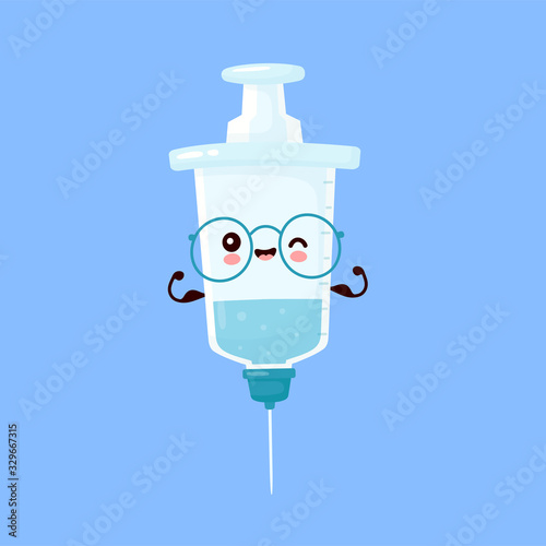 Cute happy smiling syringe show muscle