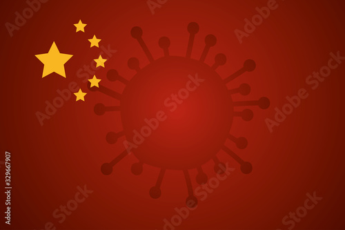 Virus bacteria on china red flag. Coronavirus epidemic. Wuhan virus. Bacterias and virus in air, wuhan china. Hand drawn vector illustration