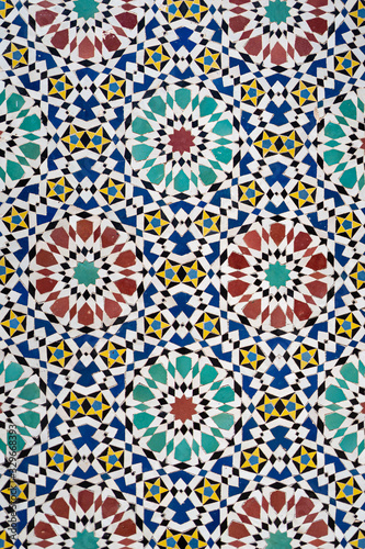 Moroccan traditional mosaic. Tile work in the Royale Palace of Fes, Morocco. 