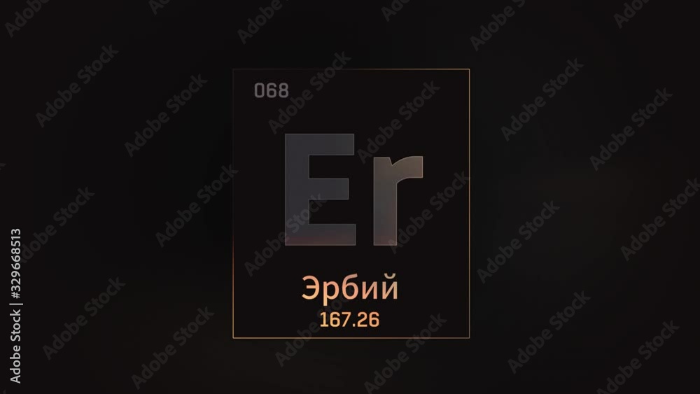 Erbium as Element 68 of the Periodic Table. Seamlessly looping 3D animation on grey illuminated atom design background orbiting electrons name, atomic weight element number in russian language