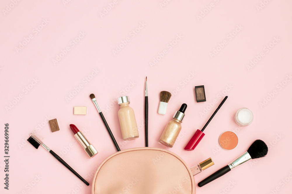 Decorative cosmetic set from pink cosmetic bag