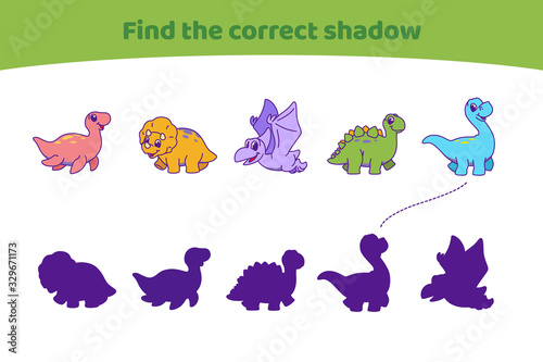 Cute dinosaurs. Find the correct shadow. Find the right path to silhouette. Educational game for children. Cartoon vector illustration.