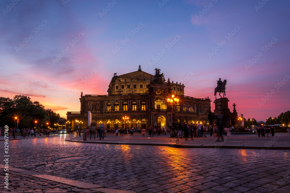 DRESDEN, GERMANY - June 15, 2019: Famous opera house Semperoper in Dresden after a concert after sunset