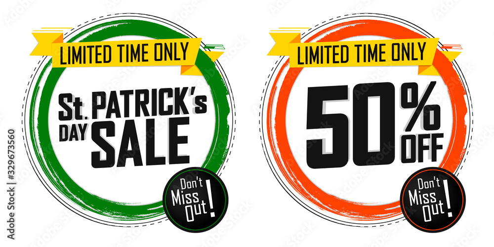 Set Patrick’s Day Sale banners design template, 50% off, discount tags, app icons, vector illustration