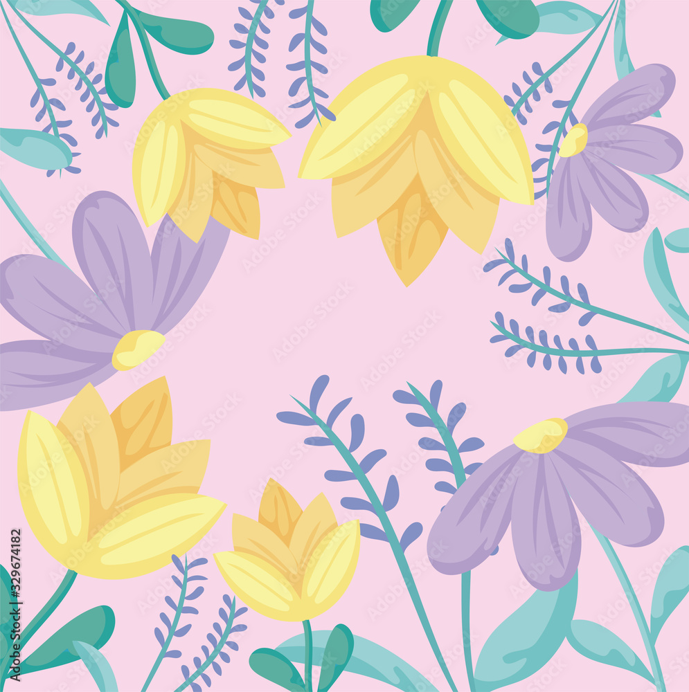 Floral background with purple and yellow flowers